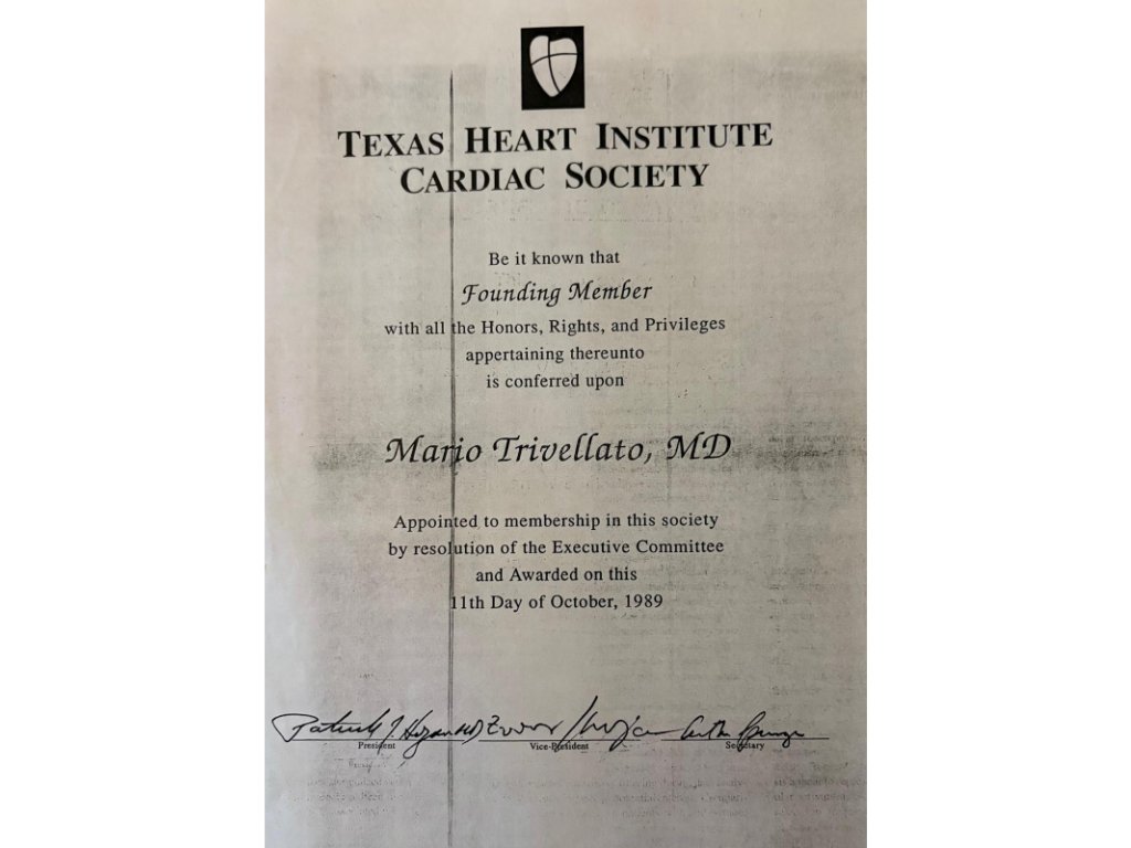 Mario Trivellato membro fondatore del Texas Heart Institute Cardiac Society