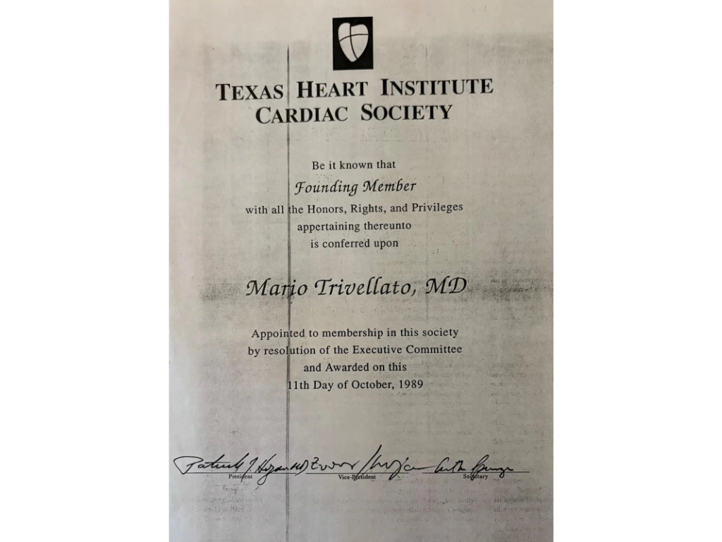 Mario Trivellato membro fondatore del Texas Heart Institute Cardiac Society